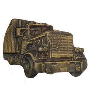 Vintage Big Rig Tractor Trailer Truck Belt Buckle Brass-Tone, Heavy Metal 70s